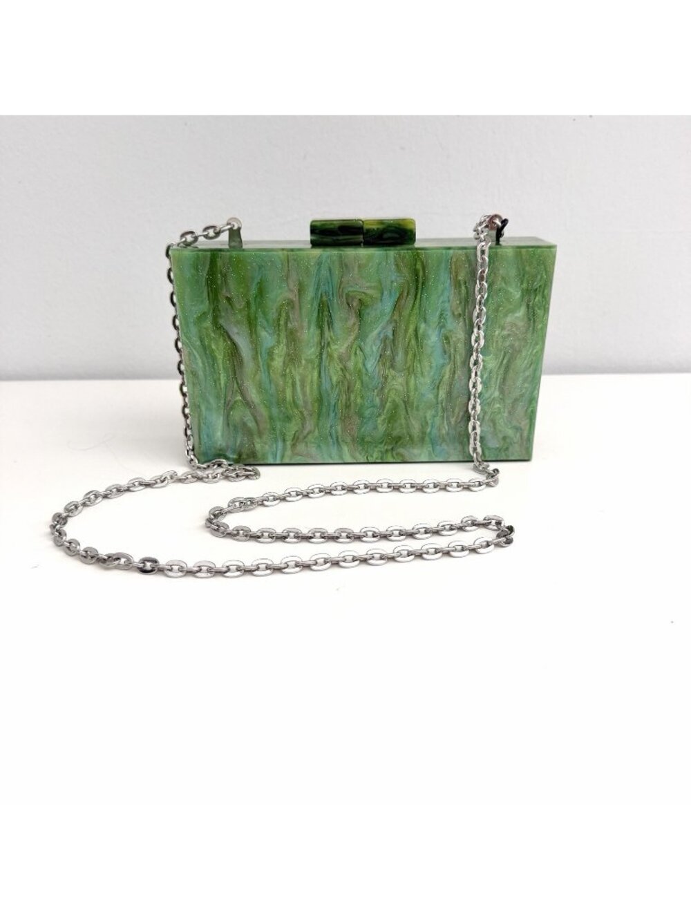 NEW Zara Green Marbled Acrylic Box Purse Crossbody Chain Bag Clutch Hard Shell